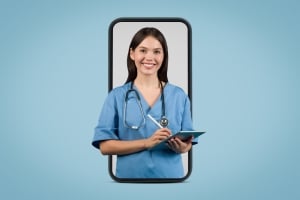 Nurse in scrubs standing in the frame of a smart phone