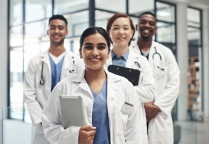 Smiling group of healthcare professionals in a staggered line